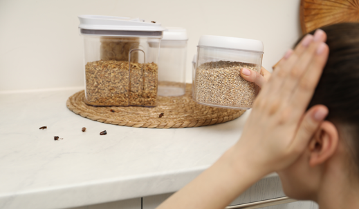 Woman looking at cockroaches on countertop in kitchen
