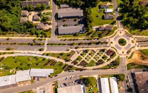 Aerial view of houses and streets