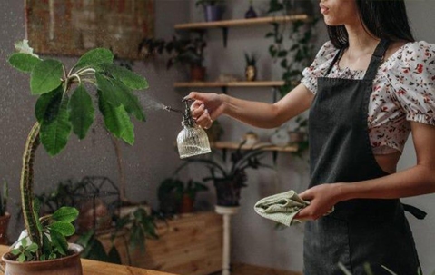 Woman misting her plants.