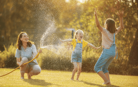 Mom and kids playing