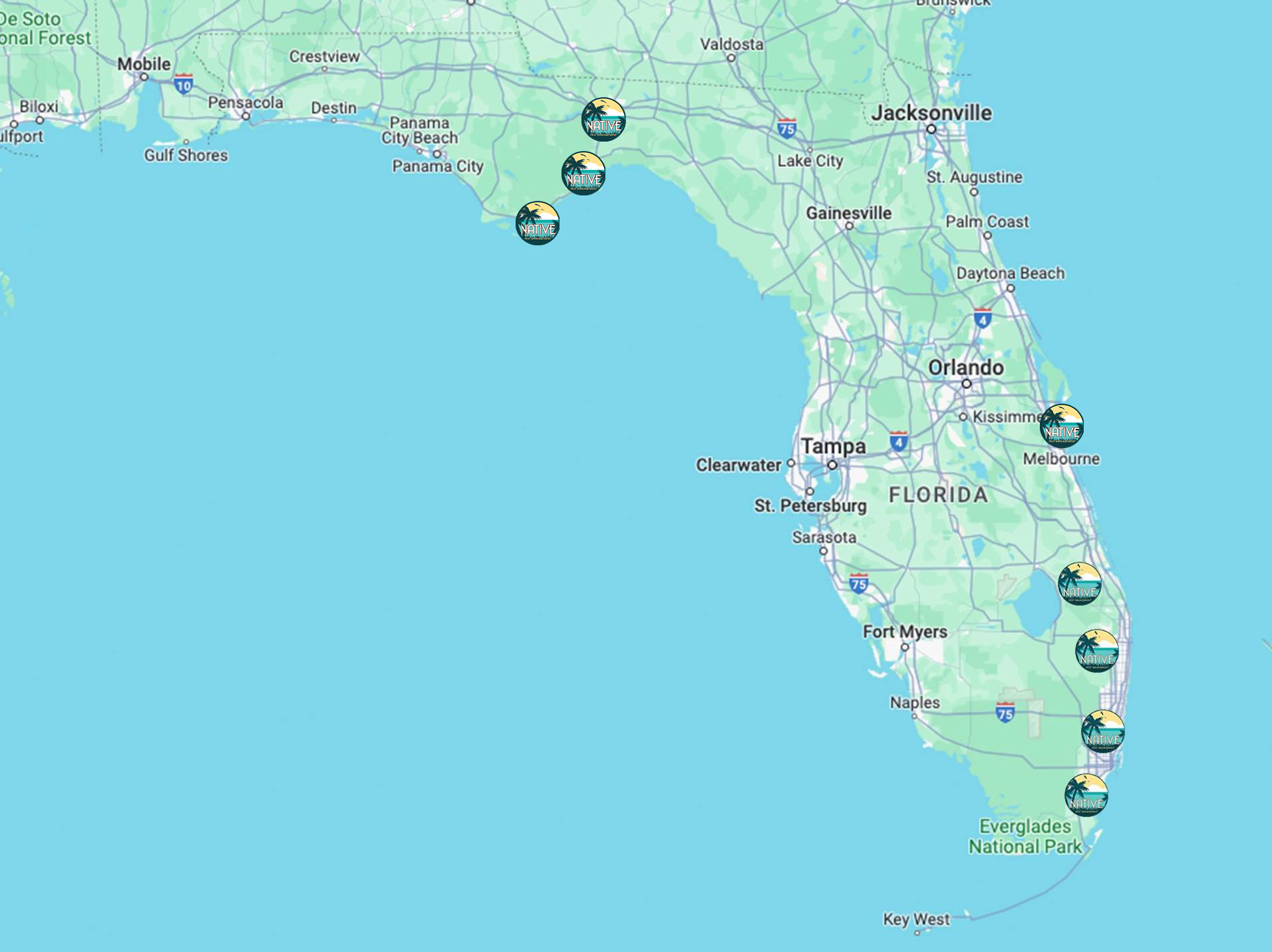 Map of Florida coastline showing Native Pest Management location markers