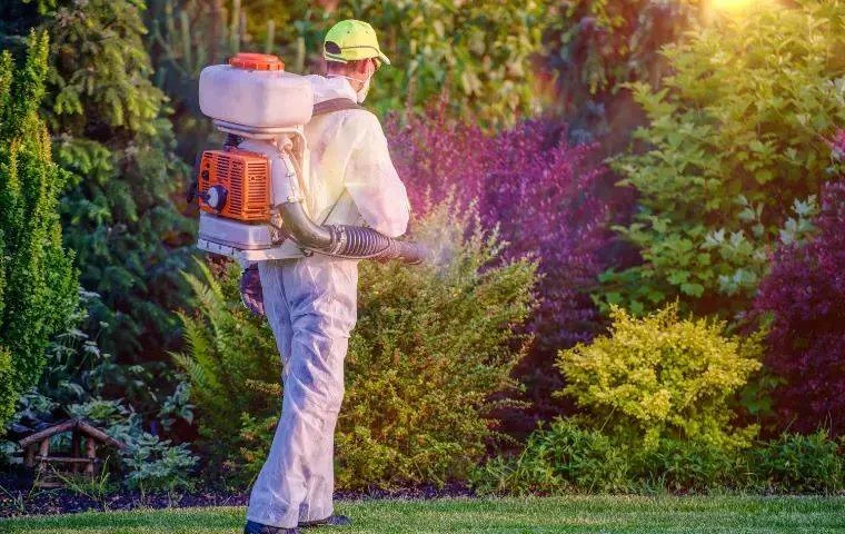 Professional Pest Control Technician fogging a garden.
